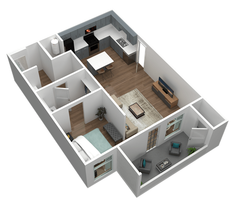 One 1 bath 3d floor plan at Gateway Apartments, Washington